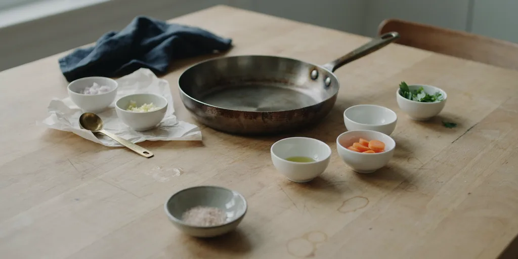 A heavy well-used cooking pan on a worn oak table beside several small white bowls of prepared ingredients, the same few things repeated