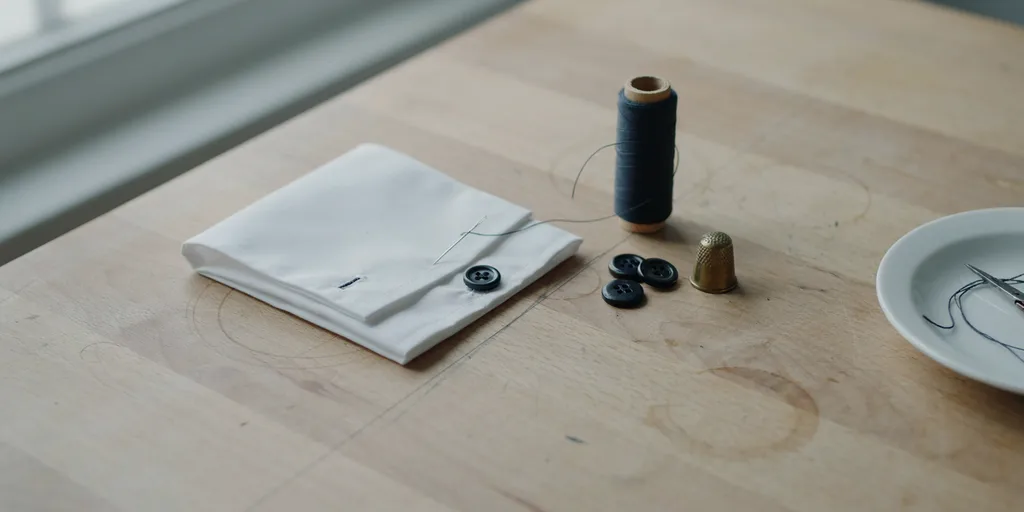 A folded white shirt cuff on a worn oak table with a threaded needle, a spool of dark navy thread, three spare buttons and a brass thimble beside it