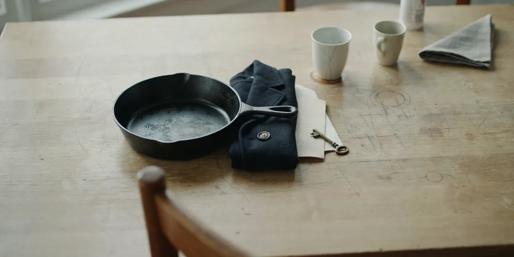 A twelve-year-old cast iron pan with a darkened seasoned surface standing on a worn oak table beside a folded dark navy wool coat