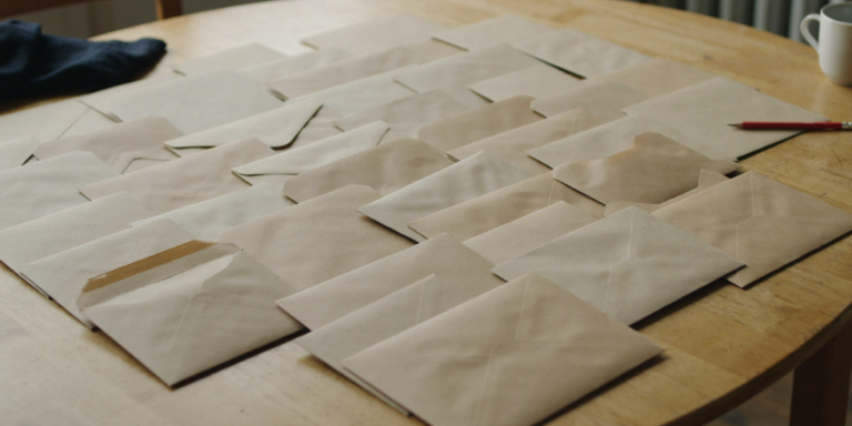 Rows of plain brown envelopes laid out on an oak table, some open and empty