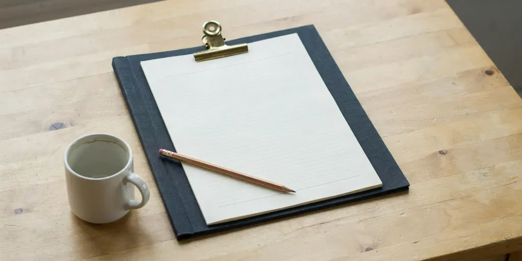 A plain paper planner page with an empty ruled grid clipped into a dark navy cloth binder, a pencil lying across it