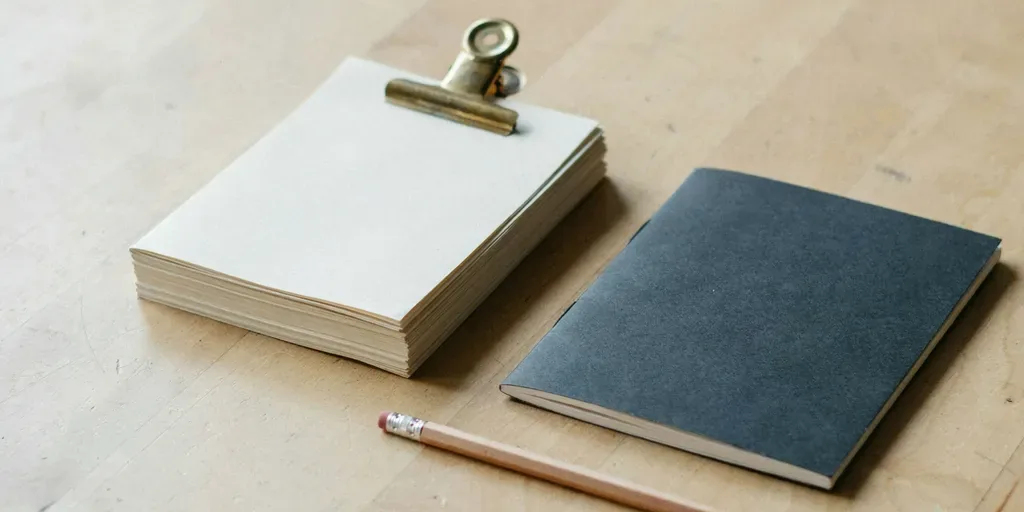 A small stack of plain printed pages held with a brass binder clip beside a closed dark navy notebook and a pencil