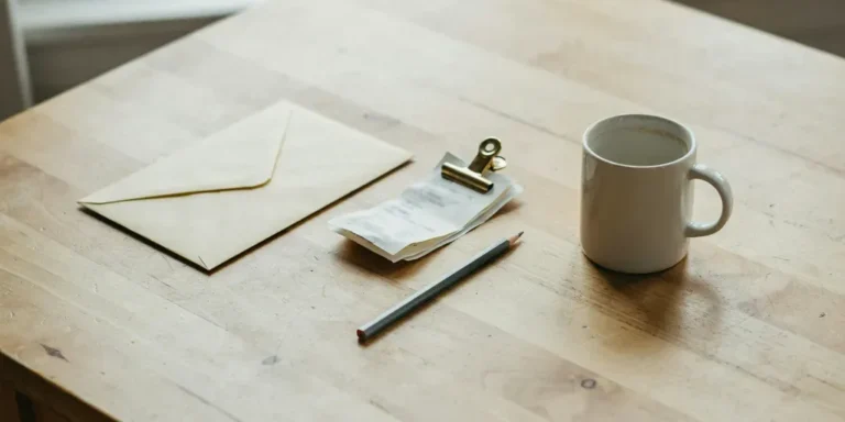 A pale oak table with a closed plain envelope, a brass clip holding face-down receipts, a pencil and a white mug