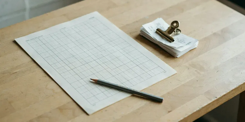 A plain printed page with an empty ruled grid, a pencil and a small stack of face-down receipts under a brass clip
