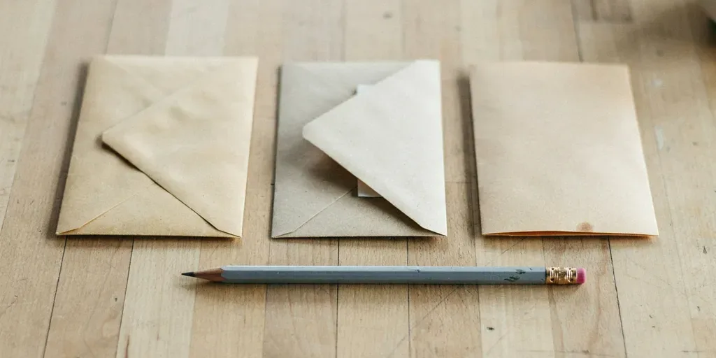 Three plain brown paper envelopes lying side by side on a pale oak table, one slightly open, a pencil beside them