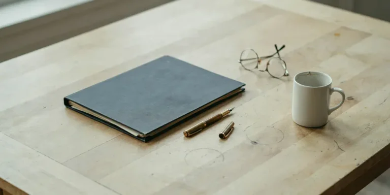 A pale oak table with a closed dark navy document folder, a brass pen, reading glasses and a white mug in morning light