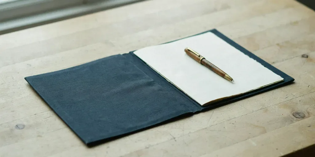 A dark navy document folder lying open with blank pages inside, a brass pen on top, on a pale oak table