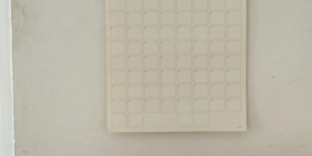 A plain wall calendar with blank squares hanging on a plaster wall above a small oak desk