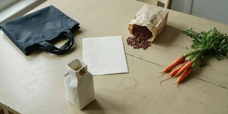 A pale oak kitchen table with a canvas grocery tote, a short pencil list, a bag of dried beans, carrots and a sack of rice