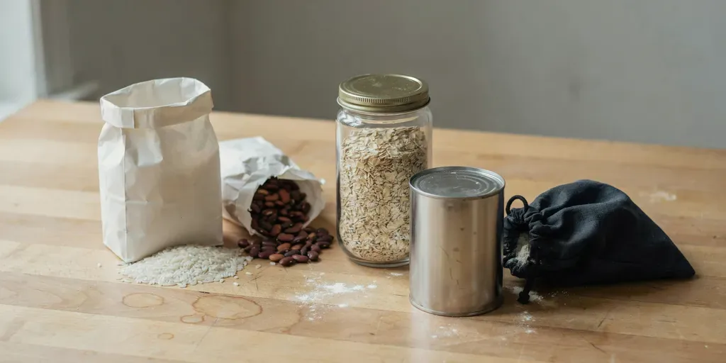 Plain pantry staples on a pale oak table: a sack of rice, dried beans, oats in a jar, a can of tomatoes and flour