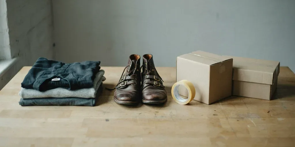 Folded secondhand clothes and a pair of boots on a pale oak table beside kraft shipping boxes and a roll of tape
