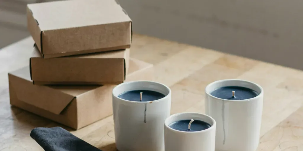 A small workbench with a few finished handmade candles in plain jars and a stack of kraft boxes