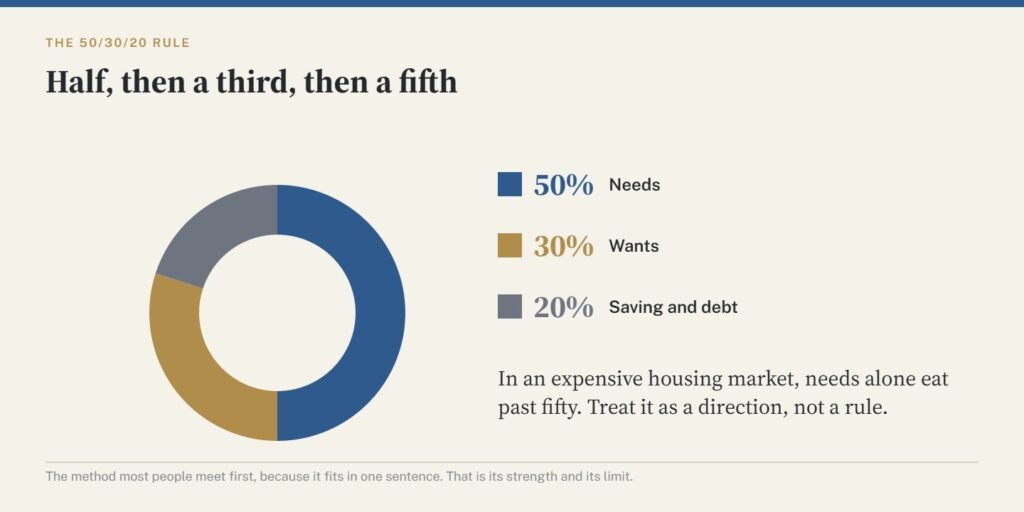 A donut chart showing the 50/30/20 budgeting rule with 50 percent to needs, 30 percent to wants and 20 percent to saving and debt